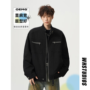 OEMG復古哈靈頓外套男女春秋季cleanfit寬松立領(lǐng)工裝硬挺機能夾克上衣 黑色 XL [建議120-135斤]