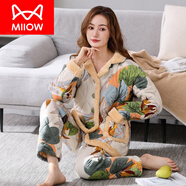 貓人（MiiOW）睡衣女士冬天三層加厚純棉夾棉棉襖秋冬季冬款家居服保暖全棉套裝 8801-三層加厚夾棉-外純棉-里絨- M 160(：體重90-110斤)