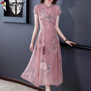 啄木鳥(niǎo)改良旗袍裙夏季新款冰絲連衣裙女大碼民族風(fēng)印花氣質(zhì)媽媽裝裙子女 粉紅色#單層冰絲 210# XL 115-130斤