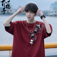 百鵲亭（BAIQUETING）新中式國風(fēng)印花短袖t恤男夏季2025新款美式寬松大碼圓領(lǐng)半袖體恤 酒紅 M
