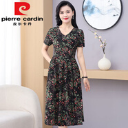 皮爾卡丹（pierre cardin）短袖連衣裙媽m媽2025彈力夏季氣質(zhì)新款過(guò)膝裙子寬松顯瘦碎花中長(cháng) 紅綠碎花【過(guò)膝長(cháng)裙】今年流行的 XL 建議80-100斤