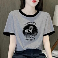 醉馨康純棉短袖t恤女2025夏季寬松韓版百搭正肩撞色顯瘦圓領(lǐng)女裝打底衫 灰色3 黑領(lǐng)【獨角獸】 XL 建議115-130斤