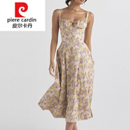皮爾卡丹（pierre cardin）針織2025春季新款歐美女裝氣質(zhì)低胸性感印花綁帶開叉吊帶連衣裙 杏底印花 L