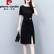 皮爾卡丹高級感黑色雪紡連衣裙女夏季大碼收腰遮肚子顯瘦氣質(zhì)名媛高端裙子 黑色 M 【105斤以?xún)取俊緥寢屜难b裙子