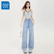 真維斯（Jeanswest）淺色窄版闊腿牛仔褲女春季2026新款高腰寬松直筒拖地褲子 淺藍破洞（常規）長(cháng)褲 XS