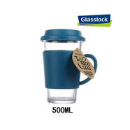 GLASSLOCK韓國進(jìn)口鋼化玻璃杯 創(chuàng  )意情侶水杯耐熱泡茶杯子帶蓋帶把 500ml深藍色