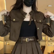 S.SOFEA美式輕熟女復古外套百褶裙兩件套春夏新款 單件咖色外套 S