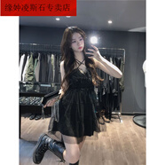 緣妕凌黑色網(wǎng)紗v領(lǐng)吊帶連衣裙女裝2023夏季純欲收腰顯瘦蓬蓬短裙子 主圖款 S