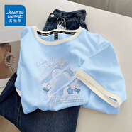 真維斯（JEANSWEST）短袖t恤女夏季新款純棉女裝上衣服撞色寬松ins風(fēng)小個子女生半袖衫 天藍(lán) 柔軟的夢境白 L