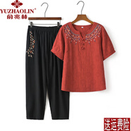 俞兆林（YUZHAOLIN）母親節(jié)中老年女裝2024新款奶奶套裝短袖t恤民族風(fēng)繡花媽媽裝夏季 磚紅套裝 2XL 建議110-120斤