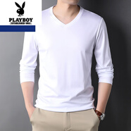 花花公子（PLAYBOY）長(zhǎng)袖t恤男V領(lǐng)雙絲光純棉春秋裝純色內(nèi)搭新款雞心領(lǐng)潮流打底體恤衫 T756白色 M 105/48