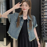 UKMR2025夏復(fù)古牛仔短袖襯衫外套女減齡小個子時尚短款外搭 藍色 M 建議體重95-110斤
