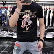 花花公子黑色短袖男夏季ins潮牌歐貨絲光純.棉燙鉆體恤潮流修身印花男士T 黑色(純棉) 3XL 建議150-170斤