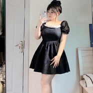 慕兮雅（MUXIYA）大碼女裝方領(lǐng)連衣裙女夏胖MM甜美氣質(zhì)收腰裙子顯瘦遮肉微胖小黑裙 黑色 【版】 XL 建議【120-140】
