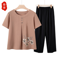 奉孝中老年媽媽裝夏季短袖套裝寬松老年人夏裝女老人衣服奶奶棉綢上衣