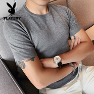花花公子（PLAYBOY）毛衣短袖男士t恤春秋款2025新款男裝衣服內(nèi)搭針織打底衫男款上衣 灰色 M 建議【115斤以內(nèi)】