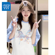 真維斯（JEANSWEST）插肩短袖女款夏季多巴胺穿搭2025新款爆款甜美拼接撞色潮流t恤女 天藍(lán) 淡彩蝴蝶 S