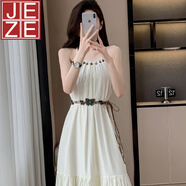 JEZE波西米亞吊帶連衣裙女兩件套裝女夏季新款法式超仙森系套裝 吊帶裙(含腰帶) M