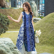 生活在左2025夏秋新款100%棉傳統(tǒng)藍印花布連衣裙女 花色 M
