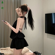 芭瑾圖鏤空掛脖小黑裙女裝夏季新款超仙露背系帶辣妹純色連衣短裙潮 黑色(收藏關(guān)注店鋪優(yōu)先發(fā)貨) L