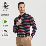 浪登長袖T恤男中年春季莫代爾翻領條紋商務休閑保羅衫繡標上衣 紅色 L
