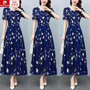 皮爾卡丹（pierre cardin）印花裙子2025新款夏裝女洋氣減齡中年媽mV領(lǐng)收腰顯瘦冰絲連衣裙 1057連夜裙 M 【建議100斤內(nèi)】