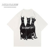 阿瑪瑟100%純棉熒光綠美式潮重磅杜賓犬美式狗頭印花高街潮情侶圓領(lǐng)短袖 220克-白 XL