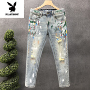 花花公子（PLAYBOY）油漆風(fēng)淺色薄款牛仔褲男生韓版破洞九分褲2025夏季新款小直筒褲子 淺蘭九分褲 28
