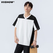 viishow撞色V領(lǐng)短袖t恤男2025年夏季拼色寬松高街學(xué)院風(fēng)休閑體恤 白色 3XL