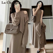 拉夏貝爾（La Chapelle）針織連衣裙女裝2025年秋冬季新款韓版小個(gè)子打底裙子女冬 卡其套裝 M