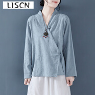 LISCN長袖棉麻襯衫女中國風改良唐裝中式盤扣上衣2025春季漢服禪意茶服 藍色 M