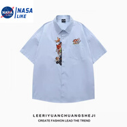 NASALIKE可愛(ài)卡通刺繡短袖襯衫男女夏季寬松學(xué)院風(fēng)百搭情侶學(xué)生襯衣潮 高品質(zhì)藍(lán)色[優(yōu)質(zhì)款] L
