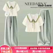 碧彩雅（BICAIYA）女童夏季套裝新款9-14歲女大童學(xué)生夏天薄款短袖寬松長(zhǎng)褲兩件套潮 杏色短袖+綠色闊腿褲 160 （M）碼 【建議90-105斤】