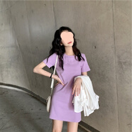 榮西圖糖果色彈力少女裙短袖連衣裙粉黃紫藍(lán)黑 紫色 M