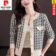 皮爾卡丹（pierre cardin）25年新款小香風(fēng)外套女針織上衣千鳥格小個子高腰毛衣秋季開衫外套 米白色 S