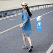 德瑪納【簡約風(fēng)天花板】夏翻領(lǐng)棉襯衫裙五分袖牛仔連衣裙女短款