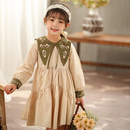 榮西圖（RONGXITU）女童撞色花朵刺繡公主裙2025春裝棉長袖連衣裙 軍綠色 M 100c