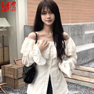 莜仙格學院風甜美設計感小眾長袖上衣女春夏新款顯瘦露肩一字肩上衣女夏 杏色襯衣 XL 建議 120-130斤