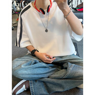 胖胖到家條紋拼接t恤短袖男生夏季oversize美式復(fù)古重磅大碼五分袖體恤衫T 白色 M