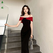 芭瑾圖劉詩(shī)詩(shī)同款晚禮服端莊大氣高端輕奢氣質(zhì)名媛黑色宴會(huì)一字肩連衣裙 紅色【版】 L