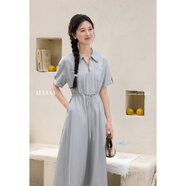 鹿向南「悠然氣質(zhì)」氣質(zhì)淺藍色法式連衣裙女夏翻領(lǐng)短袖襯衫裙長(cháng)裙 淺藍色 M