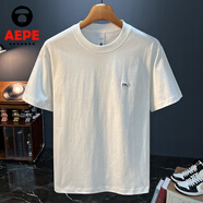 GUANGAN AEPE純棉刺繡t恤短袖男上衣純白色圓領簡約基礎款寬松重磅體恤打底衫 白色 HJ9802 XL 建議150-165斤