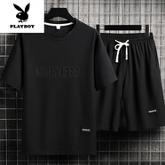 花花公子（PLAYBOY）男士夏季套裝青少年短袖t恤薄款冰絲兩件套休閑運動服五分短褲子 套裝-TZ829黑色【上衣+褲子】 2XL 建議145-165斤