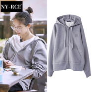 NY-RCE冬季新款衛(wèi)衣女加絨加厚寬松春秋外套女開衫拉鏈連帽上衣女潮 灰色 S