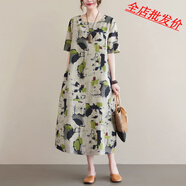 【特價(jià)】折扣店專柜尾單女民族風(fēng)印花棉麻長裙寬松短袖棉 灰色花（少量現(xiàn)貨） M 【建議90-110斤】