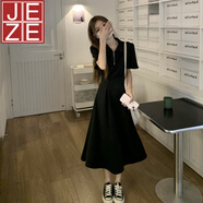 JEZEpolo領(lǐng)短袖T恤連衣裙女夏季新款收腰顯瘦a字中長(cháng)款裙子小個(gè)子 女神黑 S 建議70-90斤