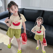 七語欣童裝女童短袖套裝夏裝兒童套裝2025新款小女孩寶寶卡通t恤兩件套 西瓜短褲套裝 100 (適合身高90-100cm)
