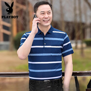 花花公子（PLAYBOY）短袖t恤男士夏真口袋爸爸裝中年T恤休閑男打底體恤衫翻領(lǐng)爺爺上衣 短袖8807深藍(lán) S 165/80A