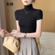 別語(yǔ)針織半高領(lǐng)短袖t恤打底衫女內搭夏春秋 2025新款洋氣半袖上衣 黑色【高領(lǐng)款】 L