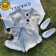 G.DUCKKIDS小黃鴨新款純棉女童韓版夏裝短袖短褲套裝兒童衣服中小童兩件套 灰色 100
